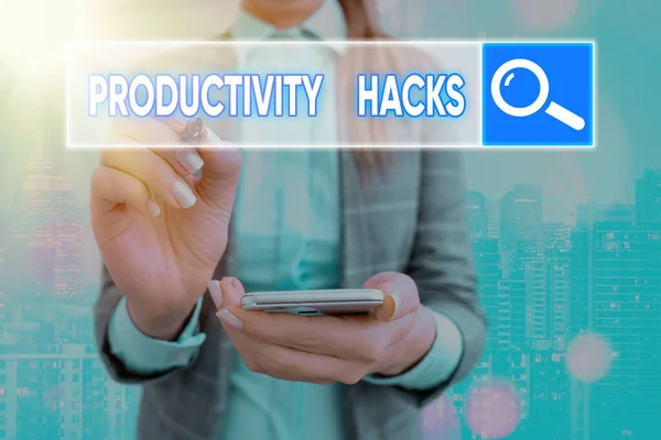 Text tecken som visar produktivitet Hacks. Konceptuella fotoknep som du får mer gjort på samma tid. — Stockfoto