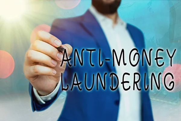 Handwriting text Anti Money Laundering. Concept meaning regulations stop generating income through illegal actions.