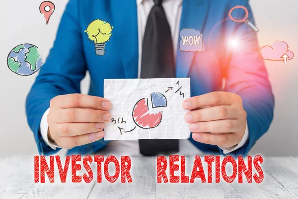 Ordskrivning text Investor Relations. Affärsidé för ledningsansvar som integrerar finansiering. — Stockfoto