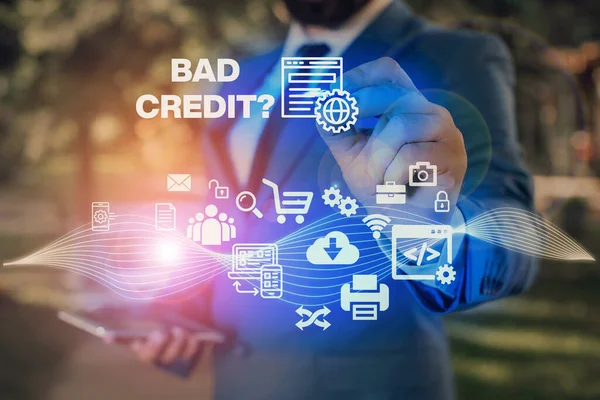 Tekstskilt som viser Bad Creditquestion. Begrepsbilde manglende evne til å tilbakebetale gjeld i tide og i sin helhet . – stockfoto