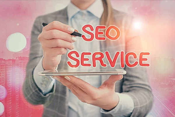 Signo de texto que muestra Seo Service. Técnicas y procedimientos fotográficos conceptuales para aumentar la visibilidad del sitio web . —  Fotos de Stock