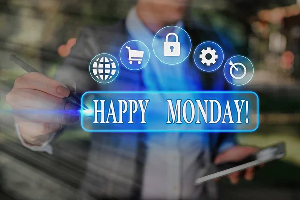 Handgeschreven tekst schrijven Happy Monday. Concept dat zegt dat het demonstreren van de bestelling om hem een geweldige nieuwe week te wensen. — Stockfoto