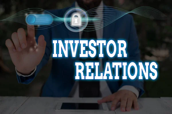 Konceptuell handskrift som visar Investor Relations. Företagsfoto text förvaltning ansvar som integrerar ekonomi. — Stockfoto