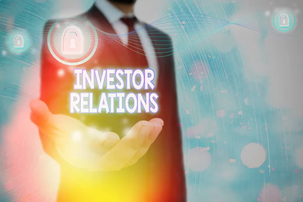 Nota de redação mostrando Relações com Investidores. Foto de negócios mostrando responsabilidade de gestão que integra finanças . — Fotografia de Stock