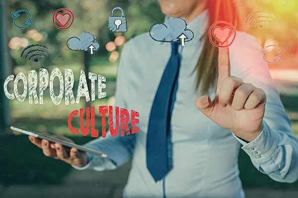 Text sign showing Corporate Culture. Conceptual photo pervasive values and attitudes that characterize a company. — Stock Photo, Image