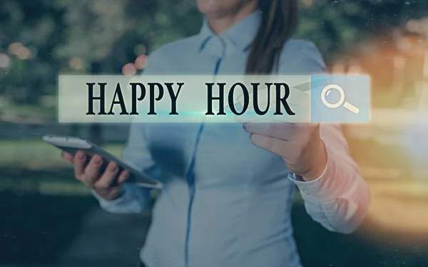 Conceptual hand writing showing Happy Hour. Business photo showcasing when drinks are sold at reduced prices in a bar or restaurant.