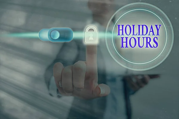 Handschrift tekst Holiday Hours. Concept betekent werknemer ontvangt twee keer hun normale loon voor alle uren. — Stockfoto