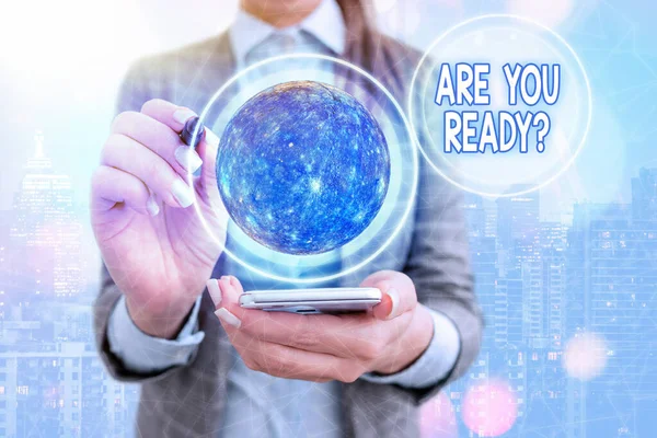 Text sign showing Are You Ready Question. Conceptual photo used telling someone start something when feel prepared Elements of this image furnished by NASA. — 스톡 사진