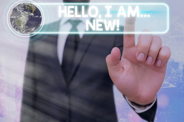 Piszę notatkę z Hello I Am New. Business photo showcasing używane powitanie lub rozpocząć rozmowę telefoniczną Elementy tego obrazu dostarczone przez NASA. — Zdjęcie stockowe