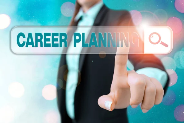 Schrijfbriefje met carrièreplanning. Zakelijke foto presentatie Strategisch plannen van uw carrièredoelen en succes te werken. — Stockfoto