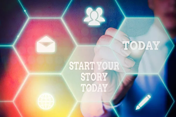 Szöveg jel mutatja Start Your Story Today. Koncepcionális fotó keményen dolgozni magadon, és ettől a pillanattól kezdve. — Stock Fotó
