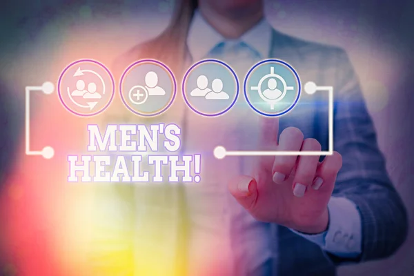 Writing note showing Mens Health. Business photo showcasing state of complete physical mental and social well being by man. — Stockfoto