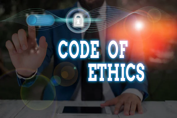 Conceptual hand writing showing Code Of Ethics. Business photo text basic guide for professional conduct and imposes duties. — Stock Photo, Image