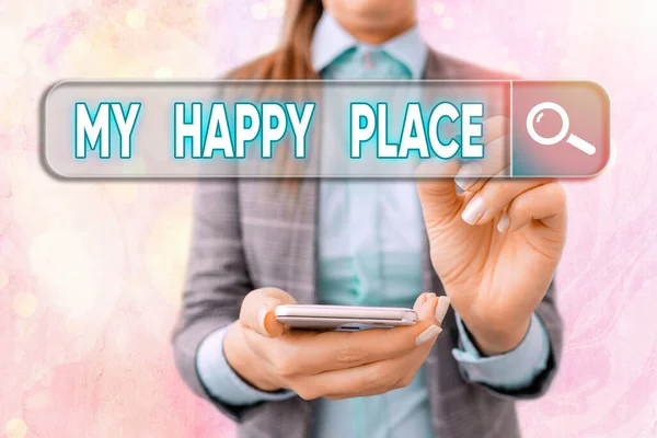 Text sign showing My Happy Place. Conceptual photo something nice has happened or they feel satisfied with life.