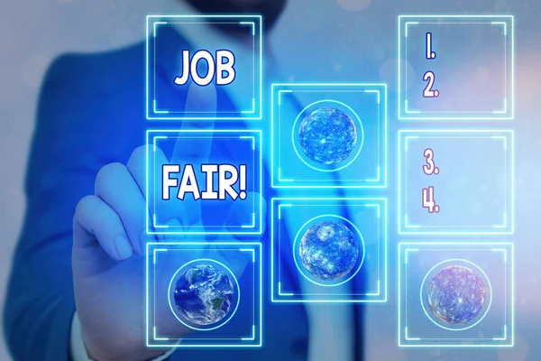 Text sign showing Job Fair. Conceptual photo event where employers offer information about their companies Elements of this image furnished by NASA.