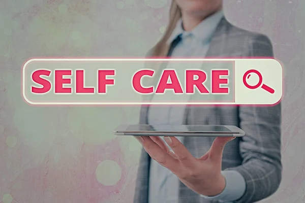 Conceptual hand writing showing Self Care. Business photo showcasing the practice of taking action to improve one own health. — Stock Photo, Image