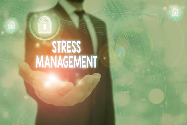 Nota di scrittura che mostra la gestione dello stress. Fotografia aziendale che mostra il metodo per limitare lo stress e i suoi effetti imparando modi . — Foto Stock