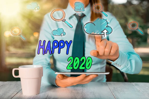 Konseptuell håndskrift som viser "Happy 2020". Forretningsfoto som viser en følelse av å vise eller gi nytelse eller tilfredsstillelse for 2019 . – stockfoto