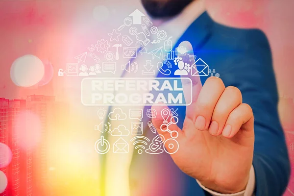 Text sign showing Referral Program. Conceptual photo employees are rewarded for introducing suitable recruits. — Stock Photo, Image