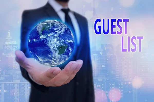 Conceptual hand writing showing Guest List. Business photo text a list of showing who are allowed to enter the show or an event Elements of this image furnished by NASA. — Stock Photo, Image