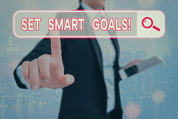 Writing note showing Set Smart Goals. Business photo showcasing giving criteria to guide in the setting of objectives. — Stock Photo, Image