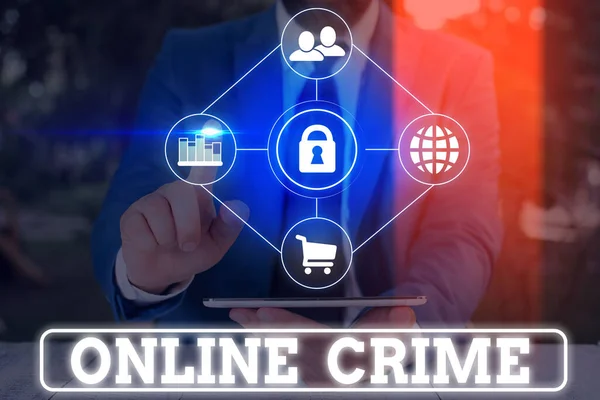 Tekst schrijven Online Crime. Bedrijfsconcept voor criminaliteit of illegale onlineactiviteiten op internet. — Stockfoto