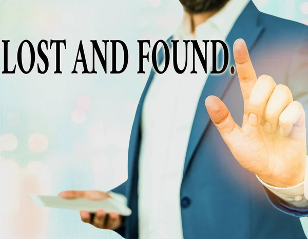 Word writing text Lost And Found. Business concept for a place where lost items are stored until they reclaimed. — Stock Photo, Image