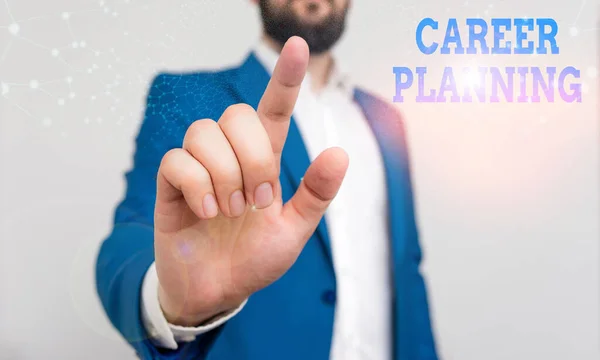 Writing note showing Career Planning. Business photo showcasing Strategically plan your career goals and work success Businessman with pointing finger in front of him. — Stock Photo, Image