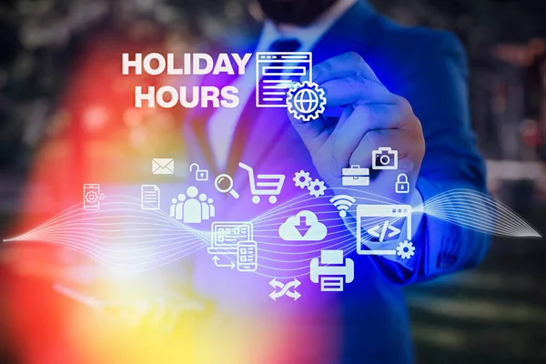 Signo de texto que muestra el horario de vacaciones. Foto conceptual Trabajo de horas extras para los empleados bajo horarios de trabajo flexibles . — Foto de Stock