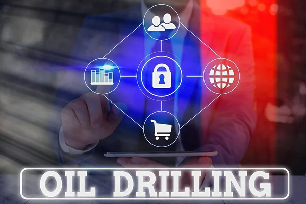 Word writing text Oil Drilling. Business concept for involves the drilling and pumping of oil from underground wells. — ストック写真