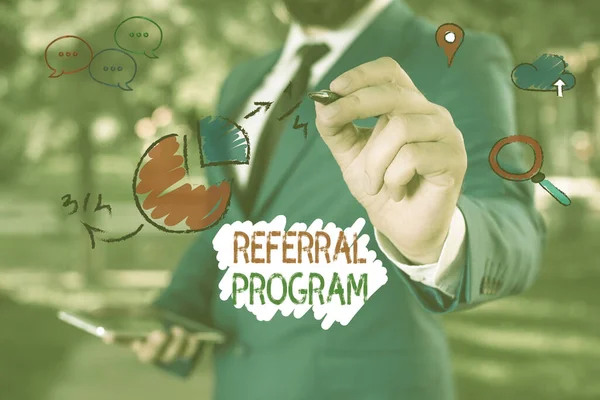 Conceptual hand writing showing Referral Program. Business photo text employees are rewarded for introducing suitable recruits. — Stock Photo, Image