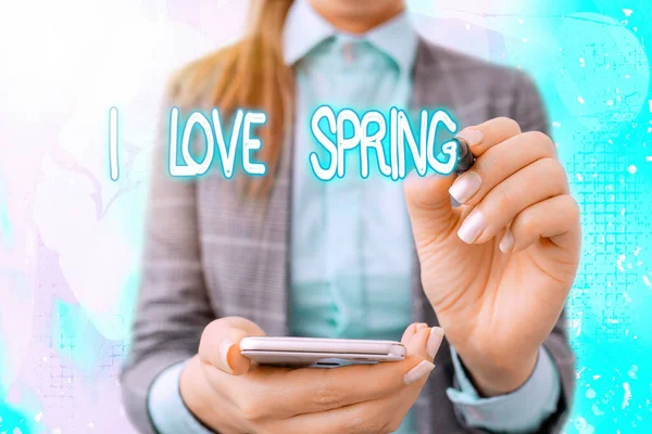 Signo de texto que muestra I Love Spring. Foto conceptual que explica por qué tener un fuerte afecto a esta temporada . — Foto de Stock