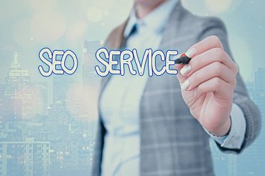 Kelime yazma Seo Servisi. Web sitesinin görünürlüğünü artırmak için teknikler ve prosedürler konsepti.