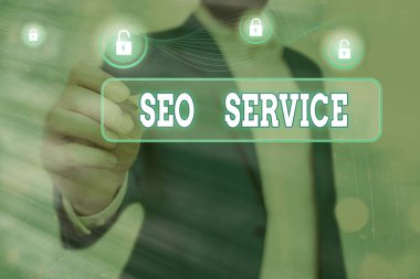 Seo Service yazılı el yazısı metin. Kavram anlamı teknikleri ve prosedürleri web sitesi görünürlüğünü artırmak için.