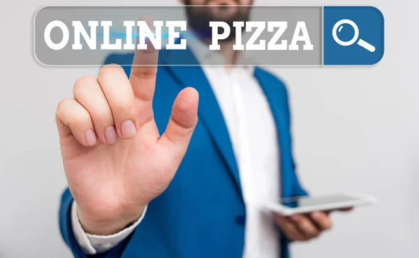 Texto de escrita de palavras Pizza Online. Conceito de negócio para entrega rápida de pizza à sua porta Encomendar alimentos online . — Fotografia de Stock