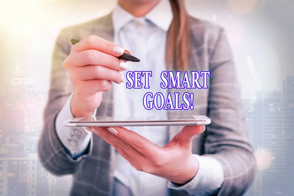 Text sign showing Set Smart Goals. Conceptual photo giving criteria to guide in the setting of objectives. — Stock Photo, Image