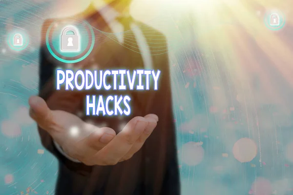 Note d'écriture montrant Productivity Hacks. Photo d'affaires présentant des astuces que vous obtenez plus fait dans la même quantité de temps . — Photo