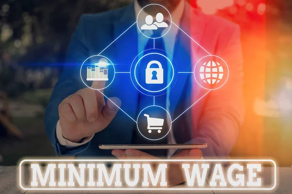 Word writing text Minimum Wage. Business concept for the lowest wage permitted by law or by a special agreement.