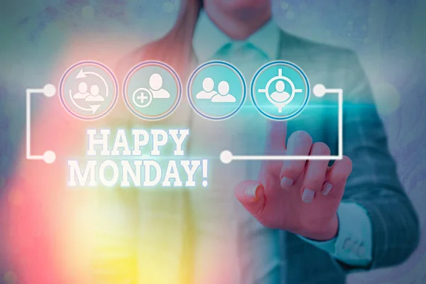 Schrijf notitie met Happy Monday. Zakelijke fotopresentatie vertellen dat het demonstreren van de bestelling te wensen hem geweldige nieuwe week. — Stockfoto