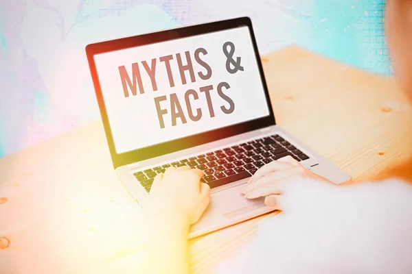 Text sign showing Myths And Facts. Conceptual photo usually traditional story of ostensibly historical events. — Stock Photo, Image