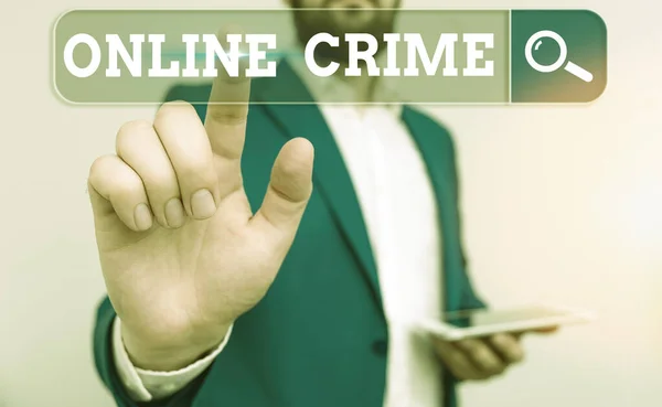 Scrittura di testi online Crimine. Concetto di business per la criminalità o l'attività online illegale commessa su Internet . — Foto Stock