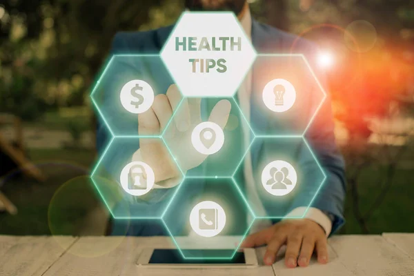 Writing note showing Health Tips. Business photo showcasing advice or information given to be helpful in being healthy.