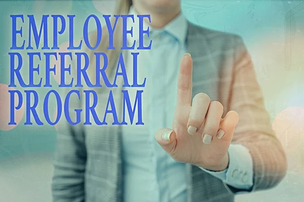 Handgeschreven tekst schrijven werknemer Referral programma. Concept betekent dat medewerkers worden beloond voor het introduceren van rekruten. — Stockfoto