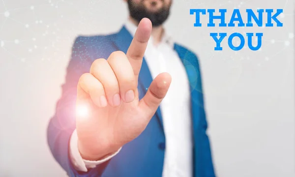 Schreiben Notiz zeigt Danke. Geschäftsfoto, das einen höflichen Ausdruck zeigt, der bei der Anerkennung eines Geschenks oder einer Dienstleistung verwendet wird Geschäftsmann mit erhobenem Zeigefinger. — Stockfoto