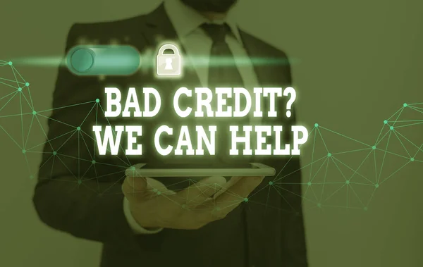 Tekst for ordskriving Bad Credit Question We Can Help. Forretningskonsept for å tilby hjelp etter å ha tatt opp lån deretter avvist . – stockfoto