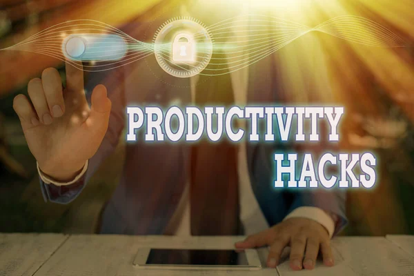 Fogalmi kézírás mutatja termelékenység Hacks. Üzleti fotó szöveges trükkök, hogy többet csinál ugyanabban az időben. — Stock Fotó