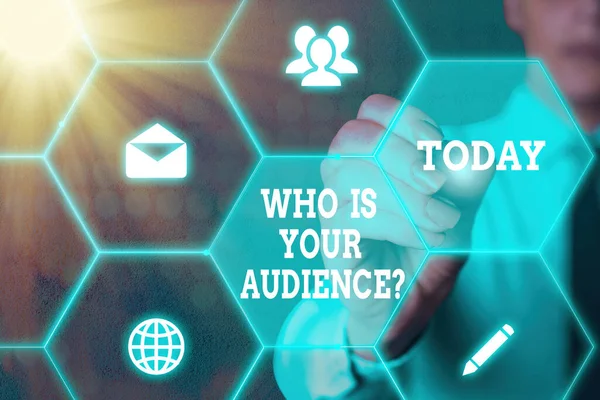 Text sign showing Who Is Your Audience Question. Conceptual photo who is watching or listening to it.