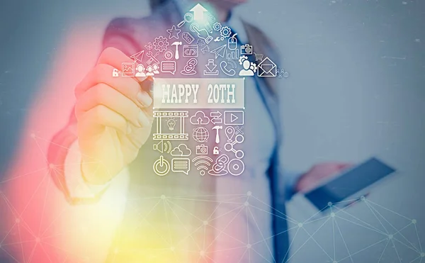 Schreiben Notiz zeigt glückliche 20. Business-Foto, das einen freudigen Anlass für ein besonderes Ereignis zum 20. Jahrestag darstellt. — Stockfoto