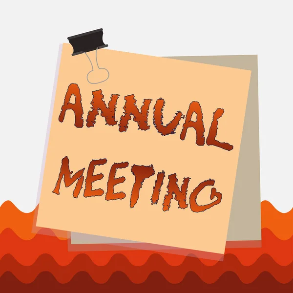 Conceptual hand writing showing Annual Meeting. Business photo text yearly meeting of the general membership of an organization Paper stuck binder clip colorful background reminder memo.