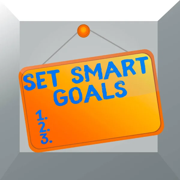 Konceptuell handstil som visar Set Smart Goals. Företagsfoto visa upp ge kriterier för att vägleda i fastställandet av mål Memo påminnelse tom styrelse fäst bakgrund rektangel. — Stockfoto